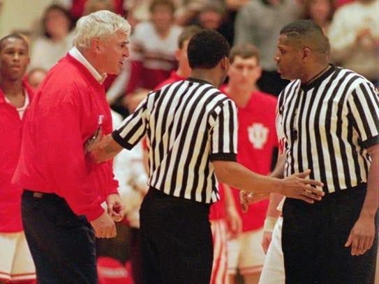 FILE - Indiana head coach Bobby Knight, left, is separated