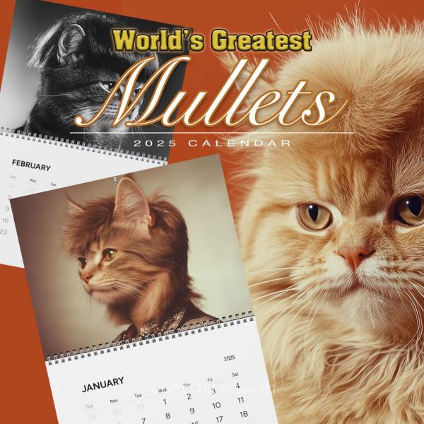 Funny 2025 Wall Calendar, Cat with Mullets, White Elephant Gift for adults, 2025 Monthly Calendar, Gag Gift Co workers, Christmas Humor gift image 1