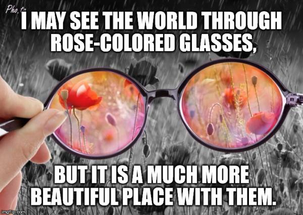 Life Through Rose Colored Glasses | I MAY SEE THE WORLD THROUGH ROSE-COLORED GLASSES, BUT IT IS A MUCH MORE BEAUTIFUL PLACE WITH THEM. | image tagged in beauty,colorful,black and white | made w/ Imgflip meme maker