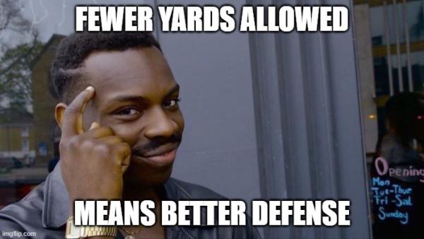 Roll Safe Think About It Meme | FEWER YARDS ALLOWED; MEANS BETTER DEFENSE | image tagged in memes,roll safe think about it | made w/ Imgflip meme maker