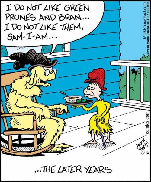 This may contain: a cartoon strip with a dog on a rocking chair talking to a woman in a red hat
