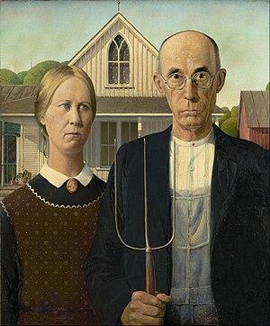 A painting of a man and woman with stern expessions standing side-by-side in front of a white house. The man holds a pitch fork.