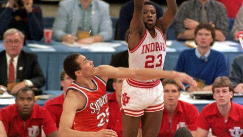 Indiana's Keith Smart (23) puts up a shot in the final seconds of the NCAA Championship game on March 30, 1987.