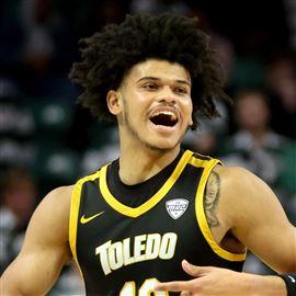Toledo’s RayJ Dennis celebrates during a Mid-American Conference men’s college basketball game between the University of Toledo and Eastern Michigan University at EMU’s George Gervin GameAbove Center in Ypsilanti, Mich., Feb. 11.