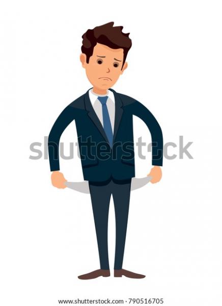 Upset businessman with no money, bankrupt.Poor man. Empty pockets . Frustrated, disappointed business man. Cartoon character. Stock vector illustration in flat design. Business concept