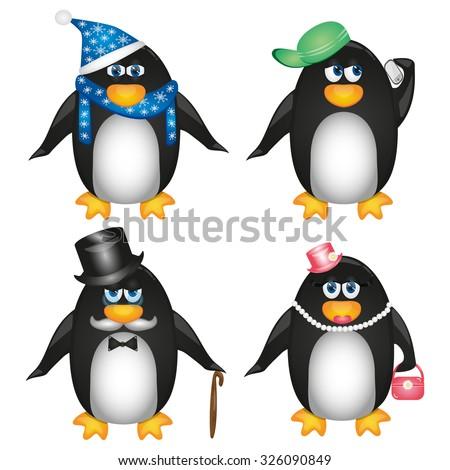 Collection of penguins on white background