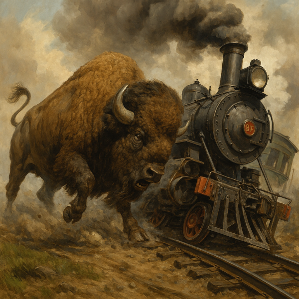 Create me an image of a Bison derailing a Train_.png